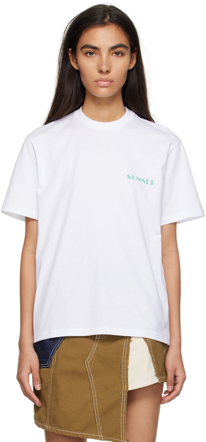 Sunnei White Printed T-shirt In 7716 White/green