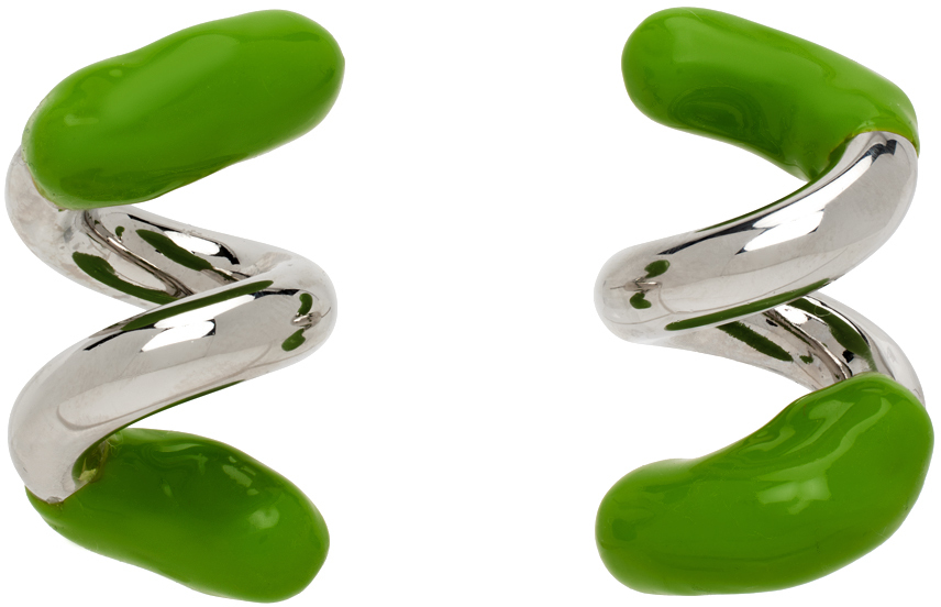 Sunnei Silver & Green Rubberized Fusillo Earrings In Silver Fern Green
