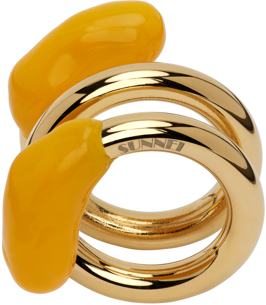 Sunnei Gold & Orange Double Fusillo Ring In Gold Apricot