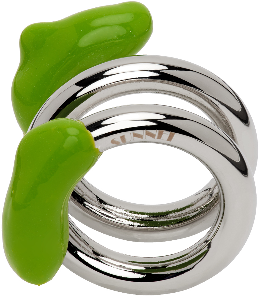 Sunnei Silver & Green Double Fusillo Ring In Silver Fern Green