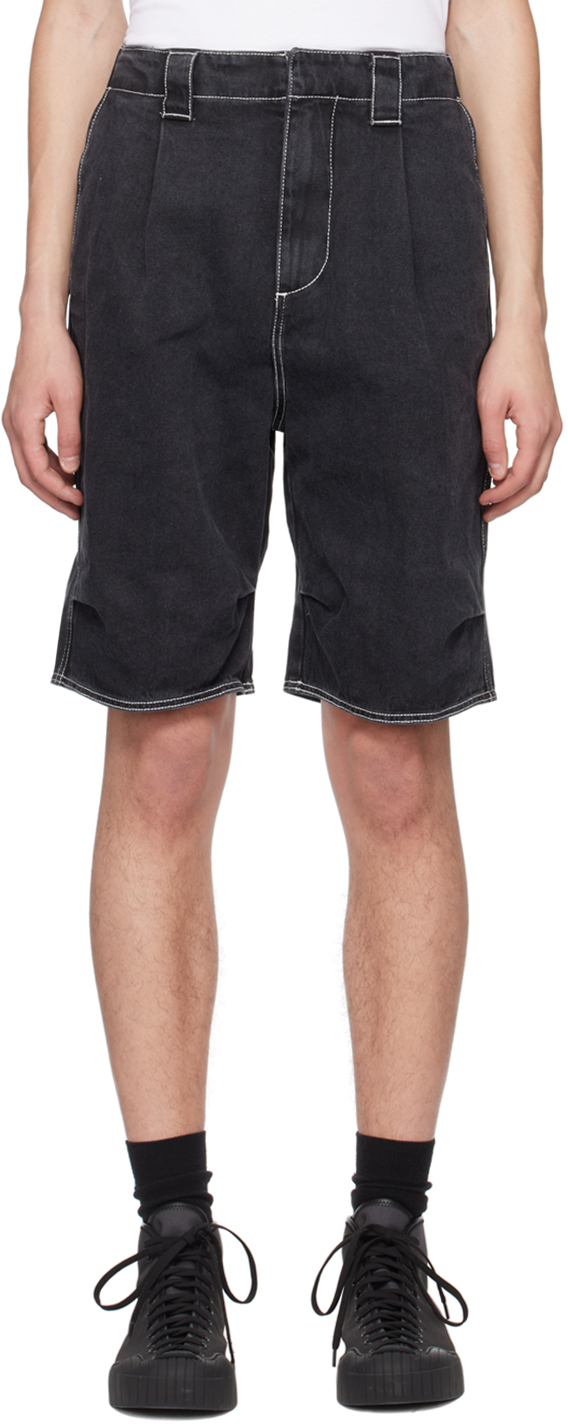 Black Pleated Denim Shorts