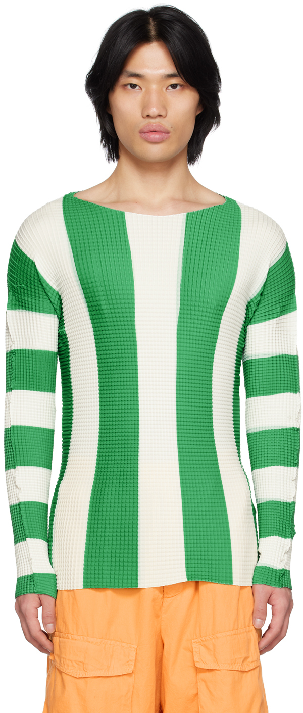 Green & White Pleated Stripe T-Shirt by SUNNEI on Sale