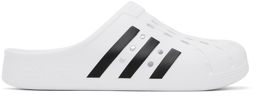 Adidas Originals White Adilette Clogs In Ftwr White / Core Bl