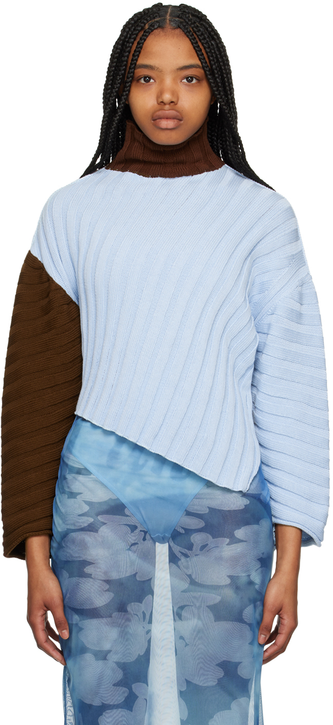 Elliss Blue & Brown Asymmetric Sweater In Chocolate/sky