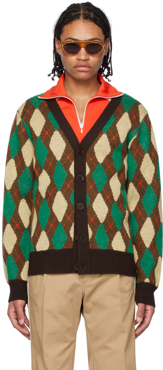 Wales Bonner Argyle Wool-trimmed Mohair-blend Cardigan In Yellow & Green Multi