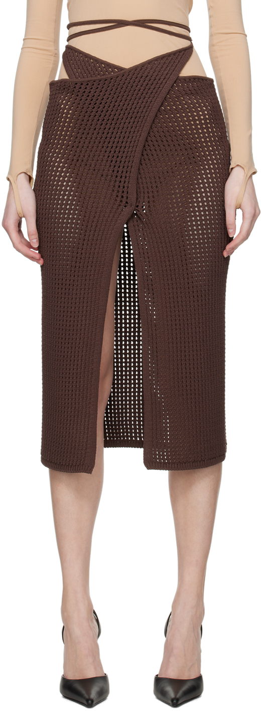 Andreädamo Fishnet Knit Midi Wrap Skirt With Cut-ou In Brown