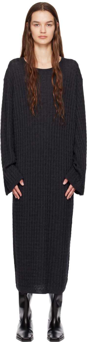 Totême: Gray Cable Knit Midi Dress | SSENSE