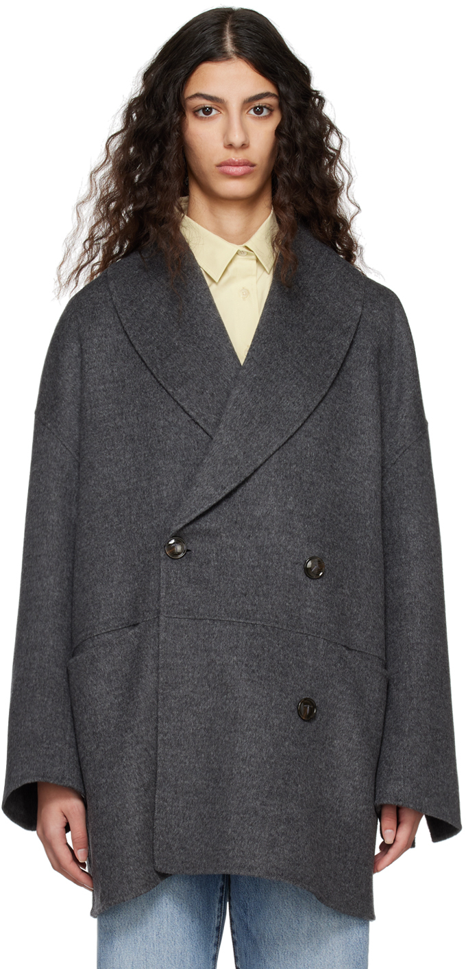 Totême Double-breasted Wool Jacket In 350 Grey Melange