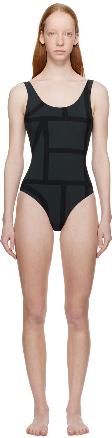 Shop Totême Black Monogram One-piece Swimsuit In 925 Black Monogram