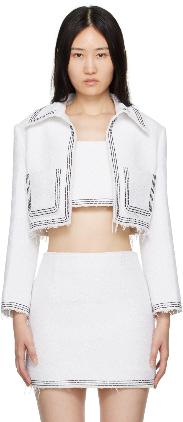 Recto Tara Tweed Embroidered Cropped Jacket In Off White