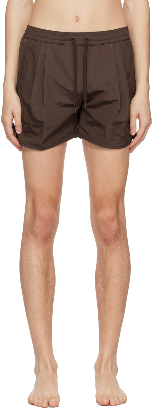 Brown Pleated Swim Shorts