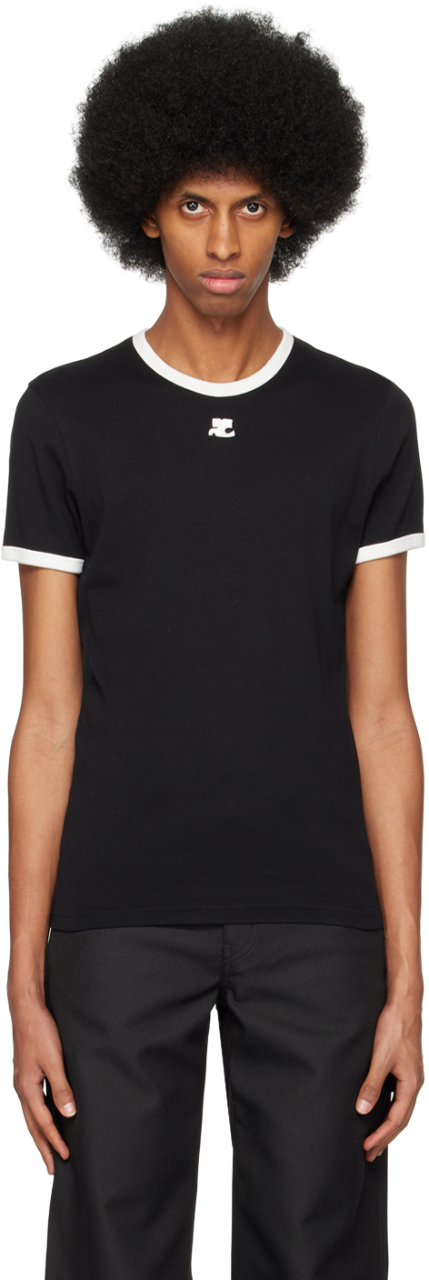 Courrèges Bumpy Embroidered Logo Ringer T-shirt In Black/heritage White