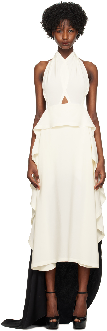Victoria Beckham Cutout Halterneck Satin And Crêpe Gown In 3 Ivory