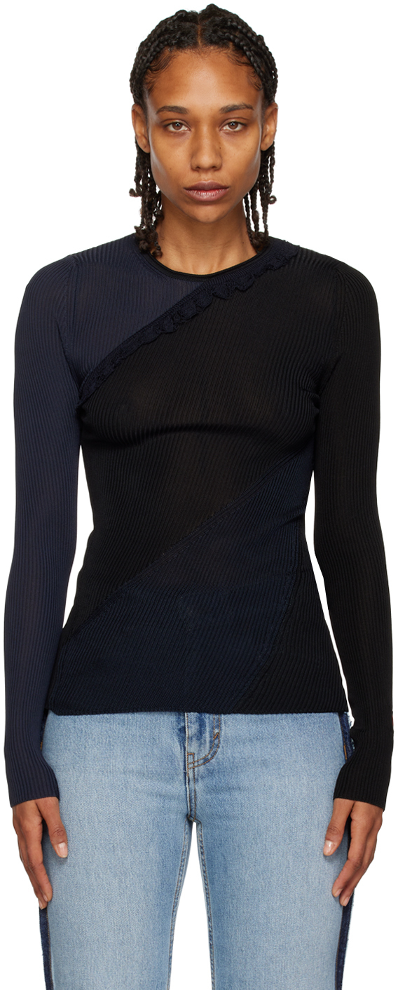 Victoria Beckham Black & Navy Spiral Long Sleeve T-shirt In 637 Black/navy
