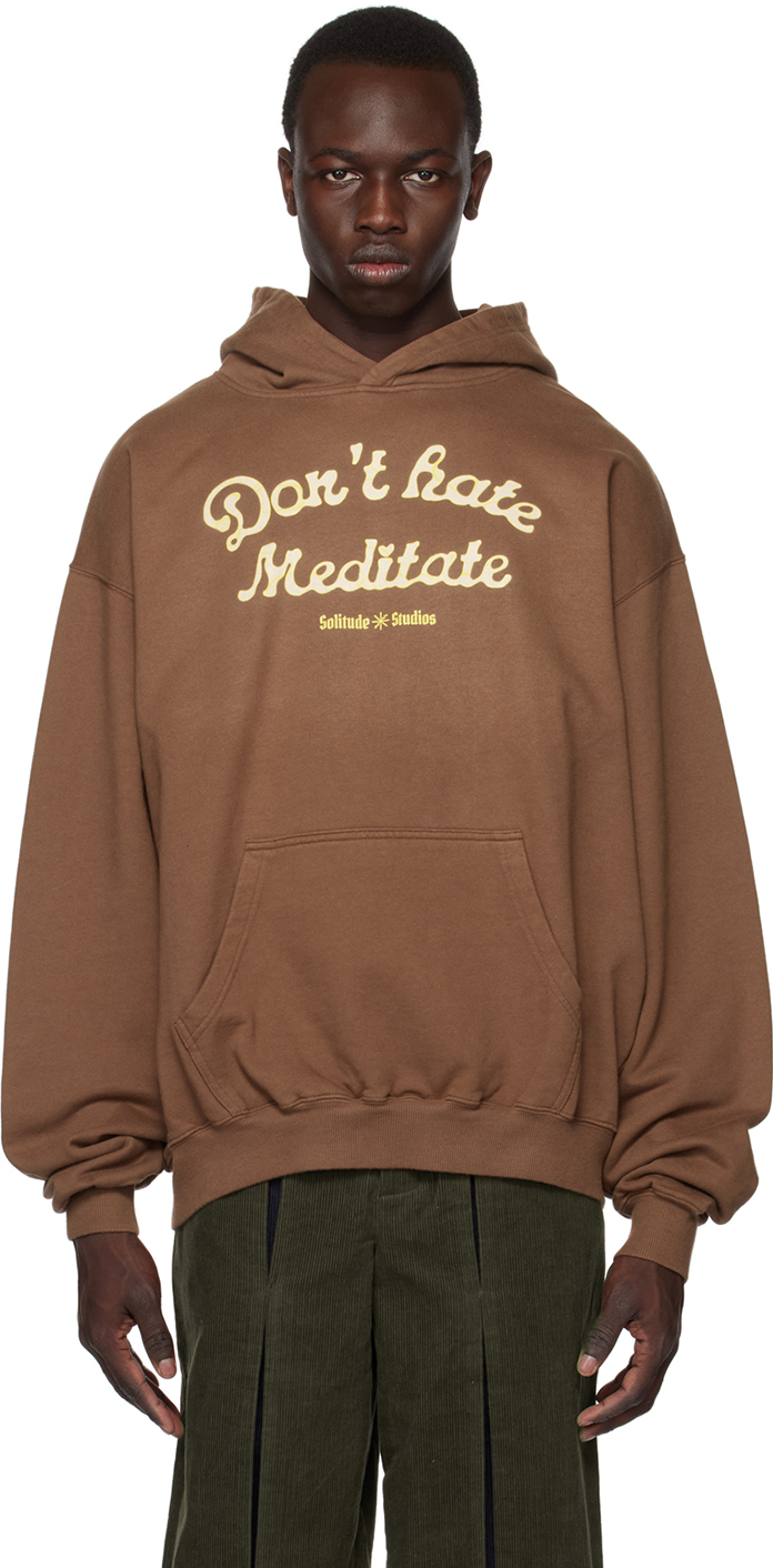 Brown 'Don't Hate Meditate' Hoodie by Solitude Studios on Sale