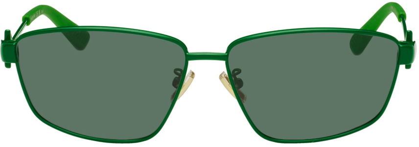 Bottega Veneta Green Rectangular Sunglasses In 004 Shiny Solid Gree