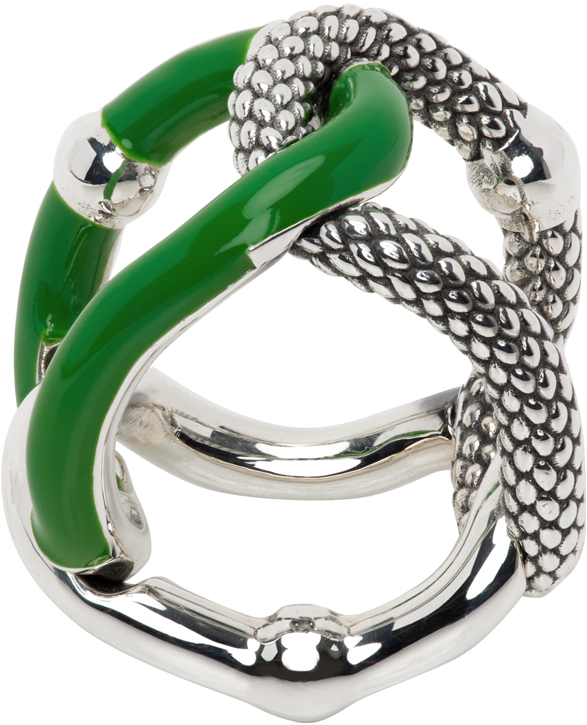 Bottega Veneta Intreccio Chain Enamelled Sterling-silver Ring In Green Silver