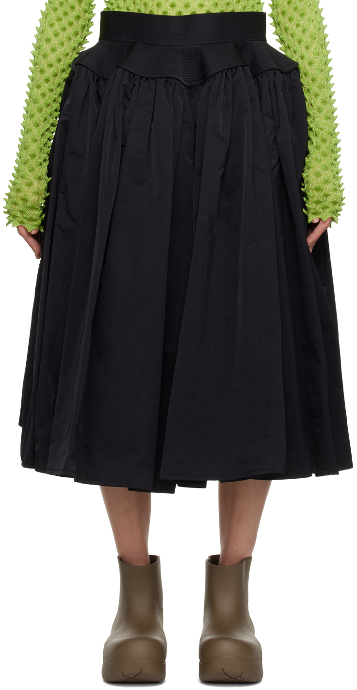 Bottega Veneta Gathered Midi Skirt W/ Flare Waistband In Black