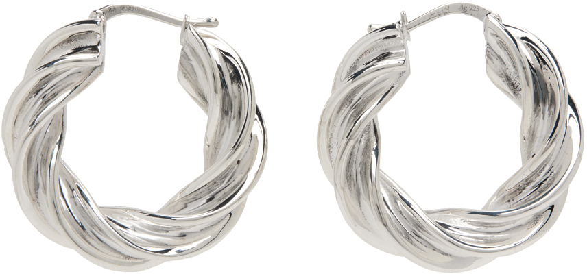 Silver Pillar Twisted Hoop Earrings