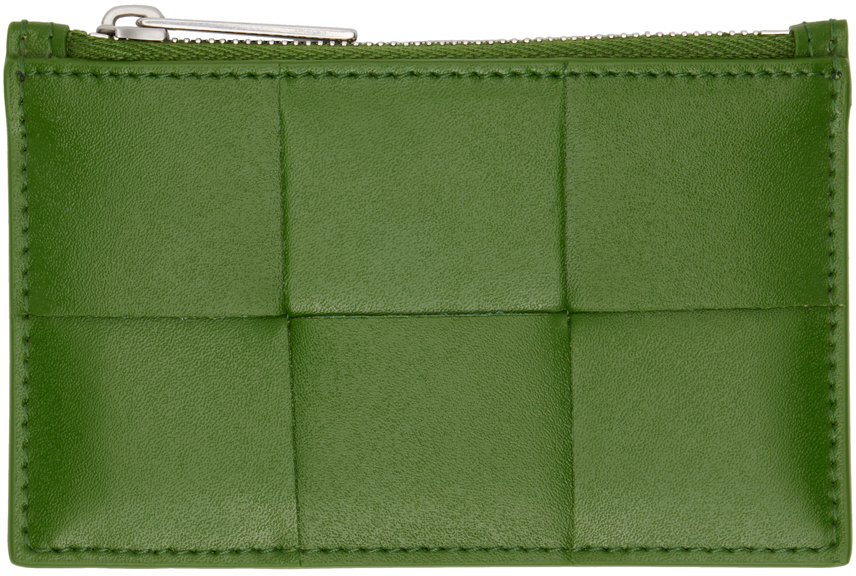 Bottega Veneta Green Zipped Card Holder In 3139 Avocado-silver