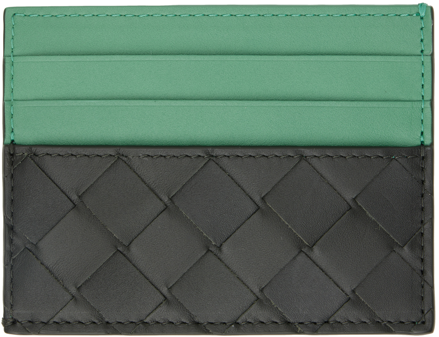 Bottega Veneta Black & Green Intrecciato Card Holder In 3080 Dark G/merma/me