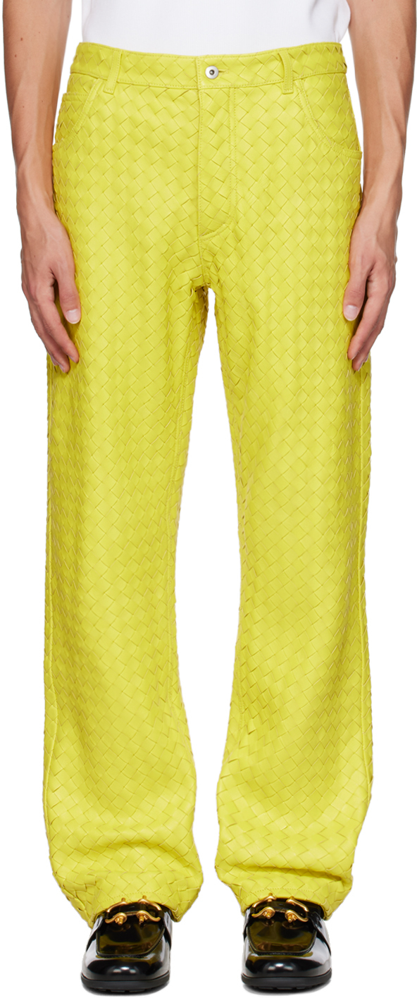 Yellow Intrecciato Leather Pants