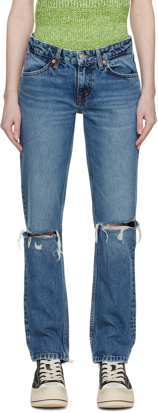 Re/done Blue 70s Low Rise Straight Jeans In Destroyed Mar