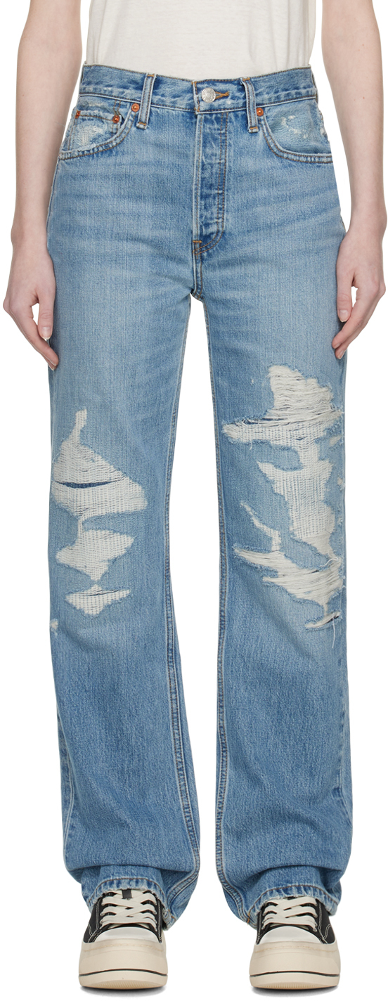 Shop Re/done Blue High-rise Loose Jeans In Mended Destroy