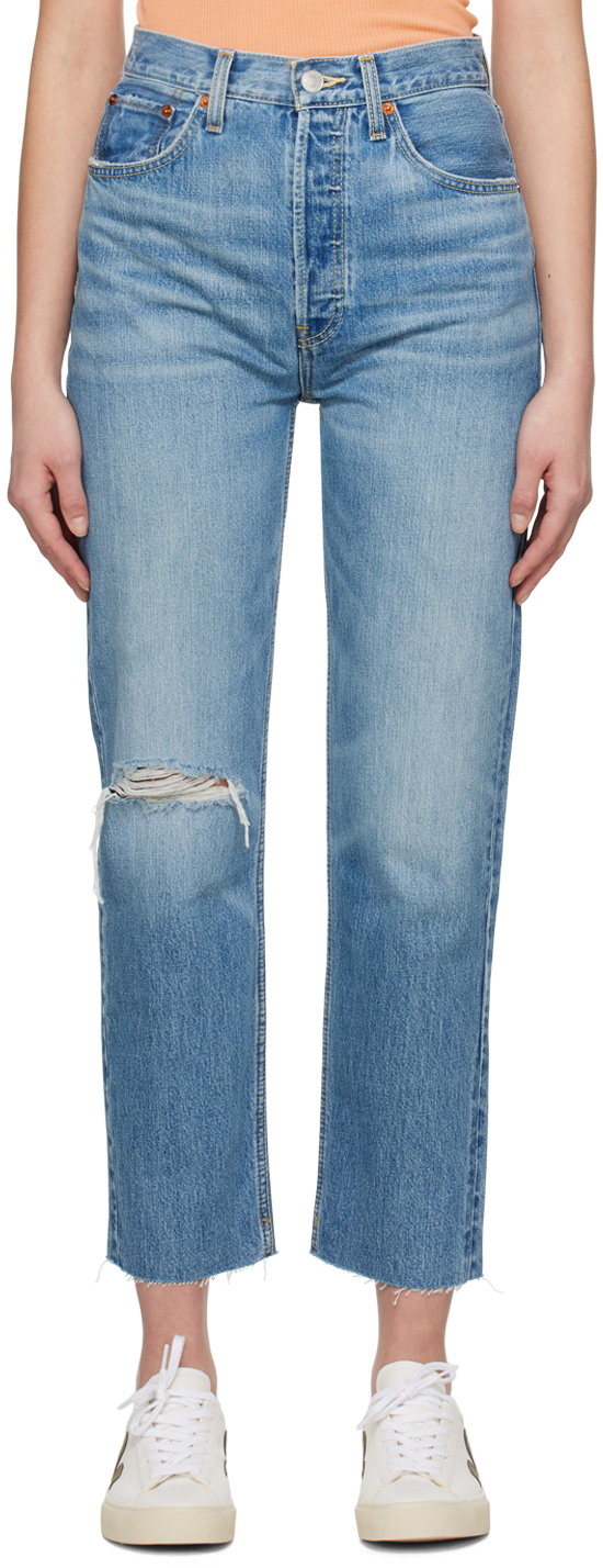 Re/done Blue 70s Stove Pipe Jeans In Worn Crystal Blue