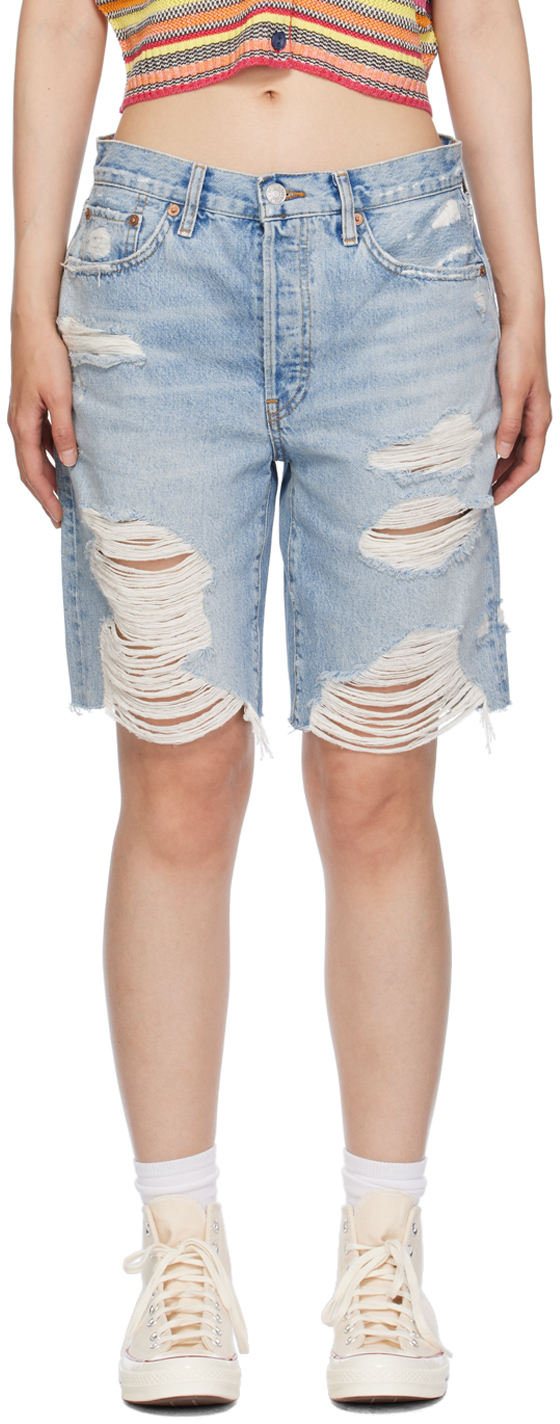 Shop Re/done Blue Distressed Denim Shorts In Destroyed Ripped Tid