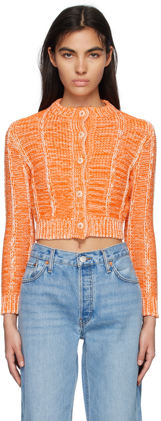 Re/done Two-tone Ribbed Cotton Cardigan In Orange Combo