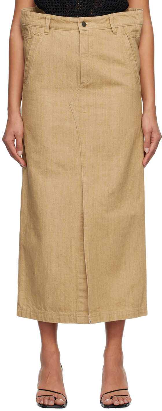 Beige Flat Denim Maxi Skirt