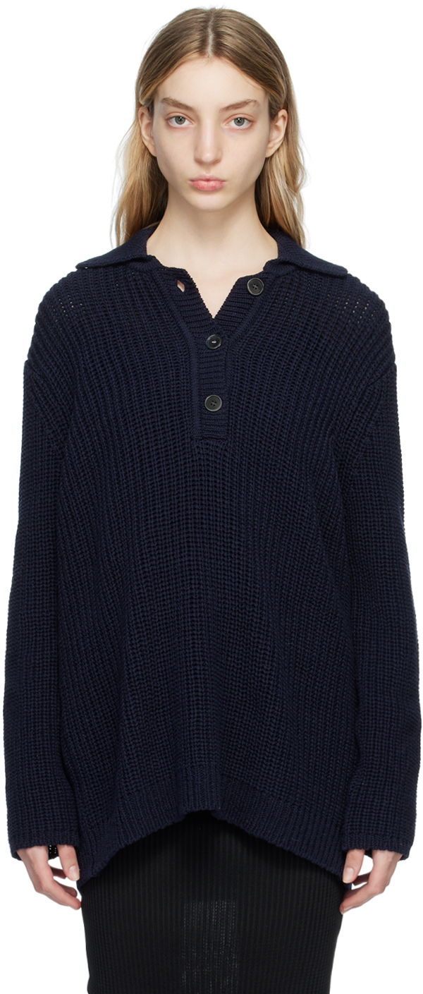 Our Legacy Navy Spread Collar Sweater In Navy Chunky Cotton R