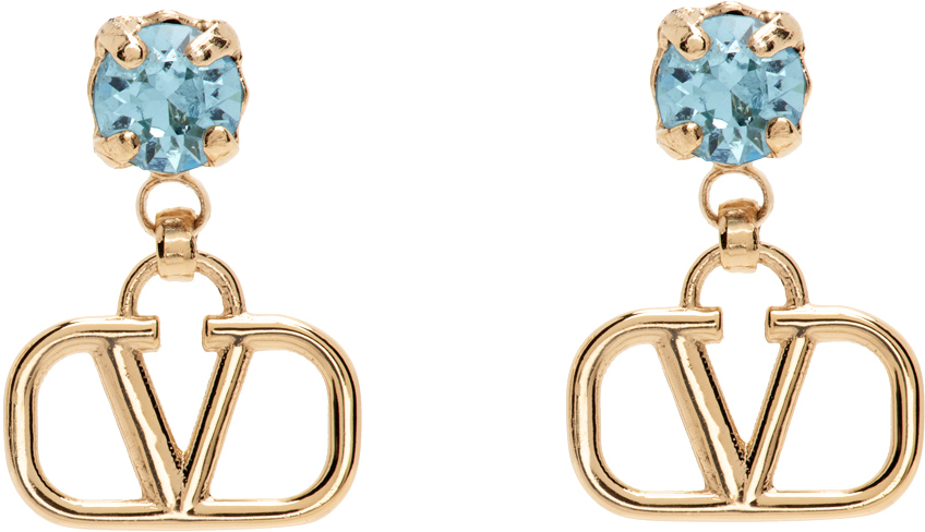 Valentino Garavani Gold Vlogo Crystal Earrings In 64x Oro 18/acquamari