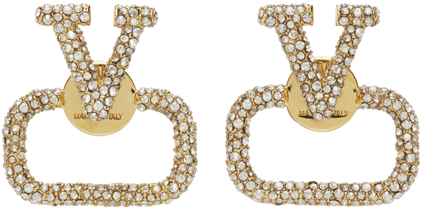 V Logo Crystal Stud Earrings in Gold - Valentino