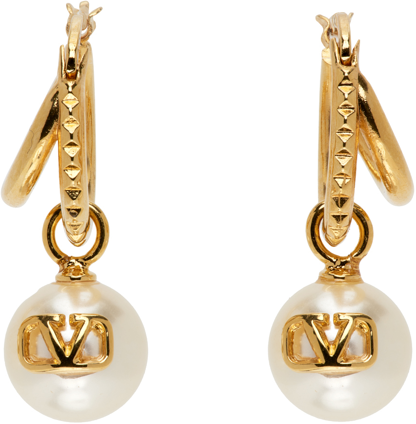 Gold Pearl VLogo Earrings