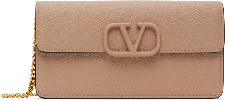 V Logo Leather Wallet On Chain in Pink - Valentino Garavani