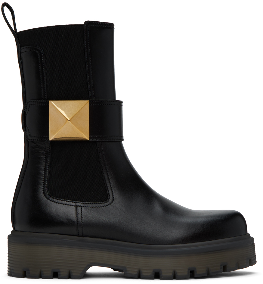 Shop Valentino Black One Stud Beatle Ankle Boots In 0no Nero