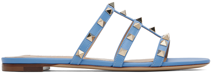 Valentino Garavani Blue Rockstud Flat Sandals In 097 Denim