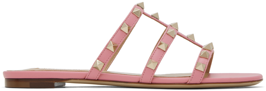 Valentino Garavani Pink Rockstud Flat Sandals In A76 Candy Rose