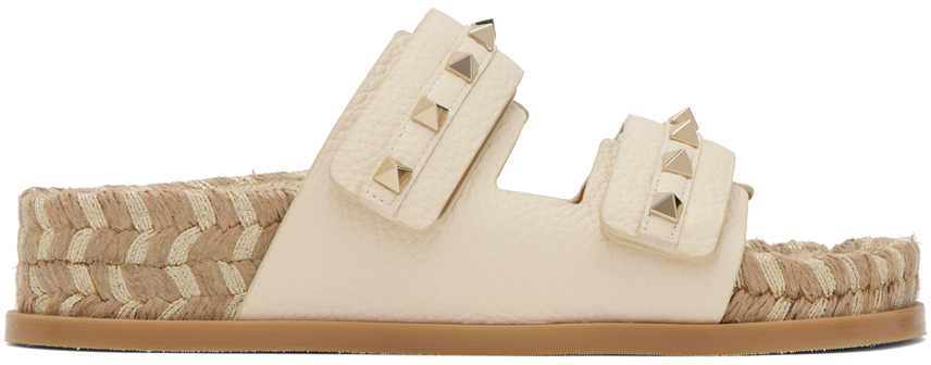 Valentino Garavani Off-white Rockstud Flat Sandals In 48n Light Ivory/natu