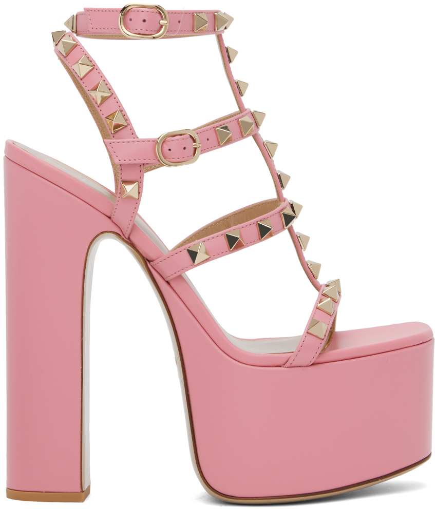 Shop Valentino Pink Rockstud T-strap Heeled Sandals In A76 Candy Rose