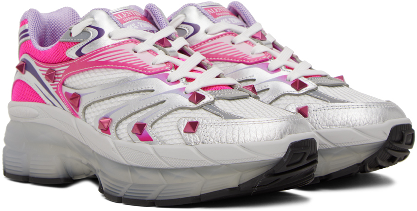 VALENTINO GARAVANI SILVER & PINK STUDDED SNEAKERS 