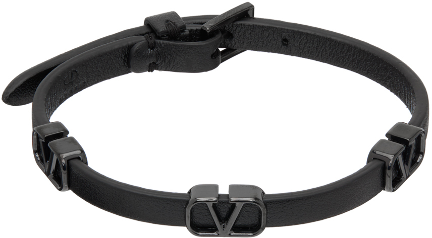 Valentino Garavani Black Vlogo Leather Bracelet In N01 Nero/nero