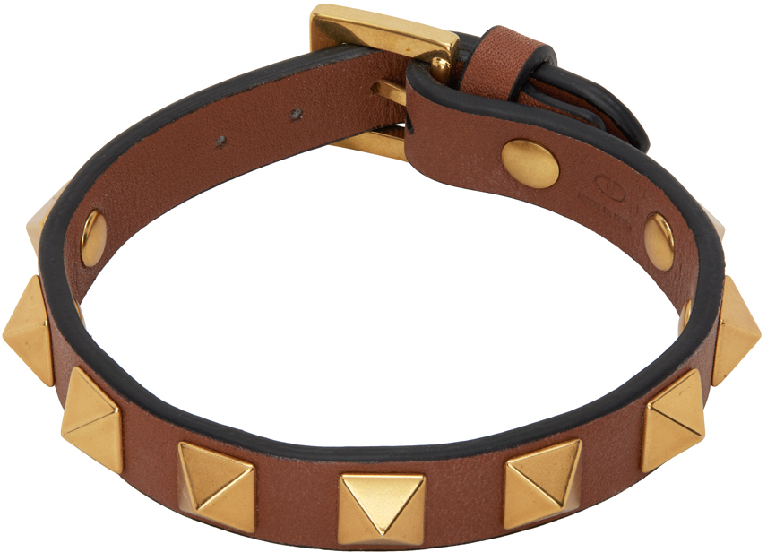Shop Valentino Brown Leather Rockstud Bracelet In Hg5 Selleria