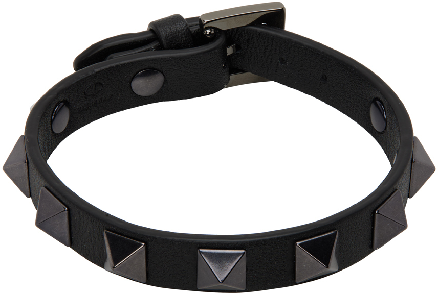 Black Leather Rockstud Bracelet