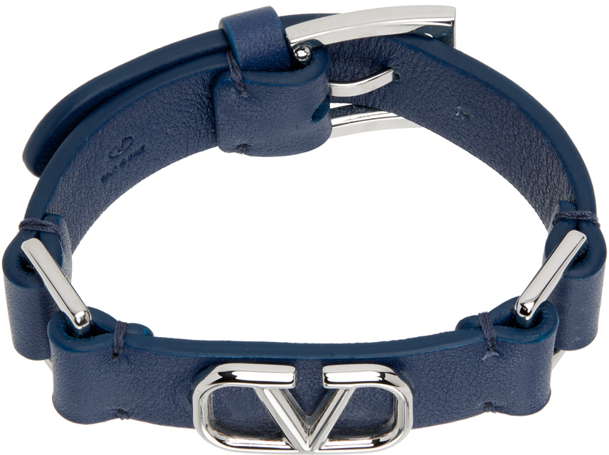 Valentino Garavani Blue Leather Vlogo Bracelet In 298 Avio