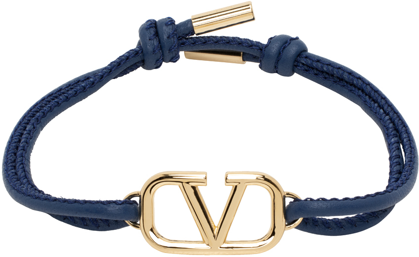 Valentino Garavani Navy Vlogo Leather Bracelet In 298 Avio