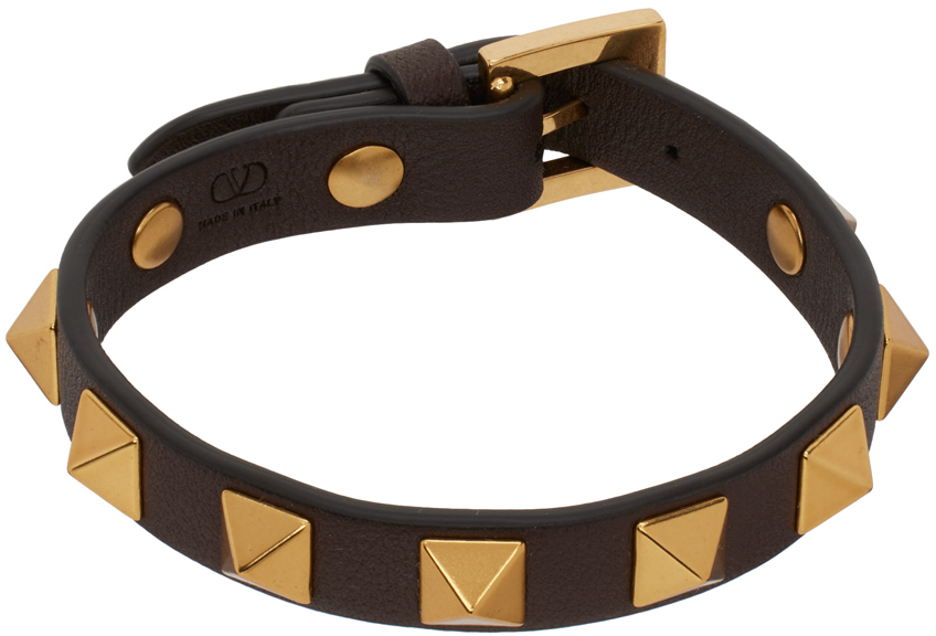 Valentino Garavani Brown Rockstud Leather Bracelet In Kg8 Fondant
