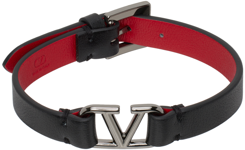 Valentino Garavani Black Vlogo Signature Leather Bracelet In 0sm Nero/rouge Pur